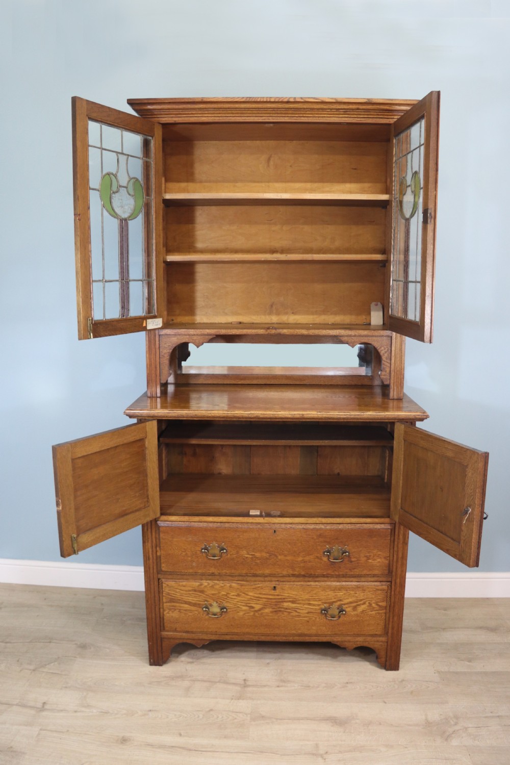 19th century light oak side cabinet in the Arts and Crafts style. View IV