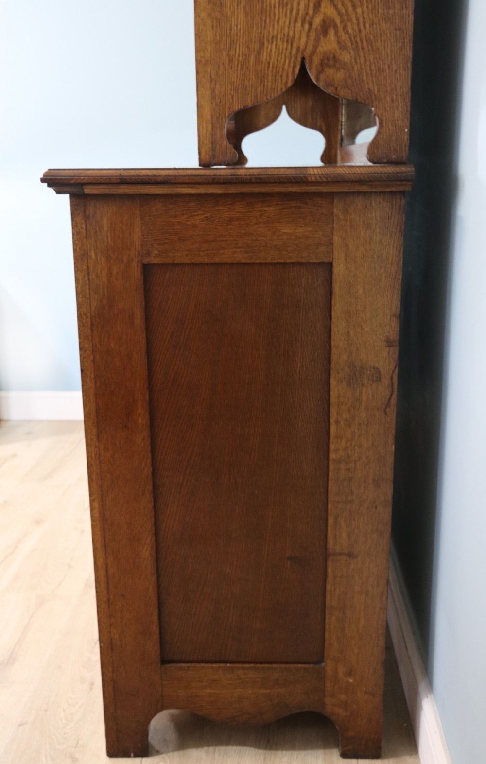19th century light oak side cabinet in the Arts and Crafts style. View VII