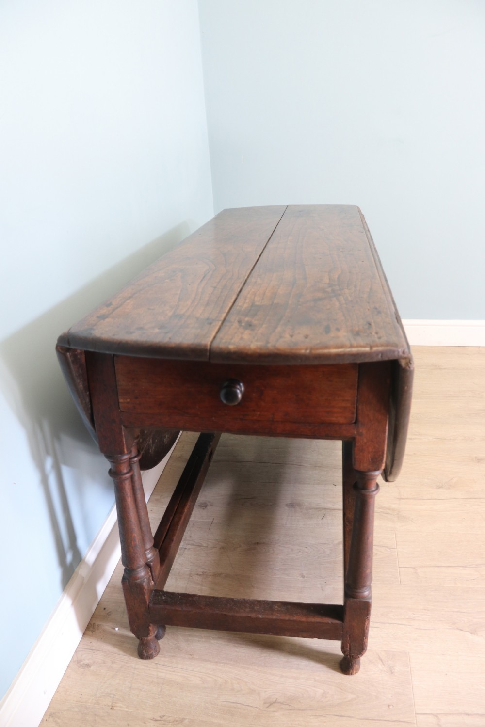 18th Century oak drop leaf dining table View V