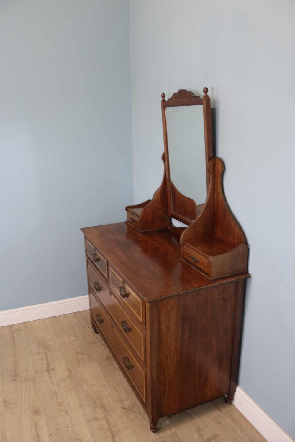 A lovely quality Edwardian solid mahogany and walnut line inlaid dressing chest View II