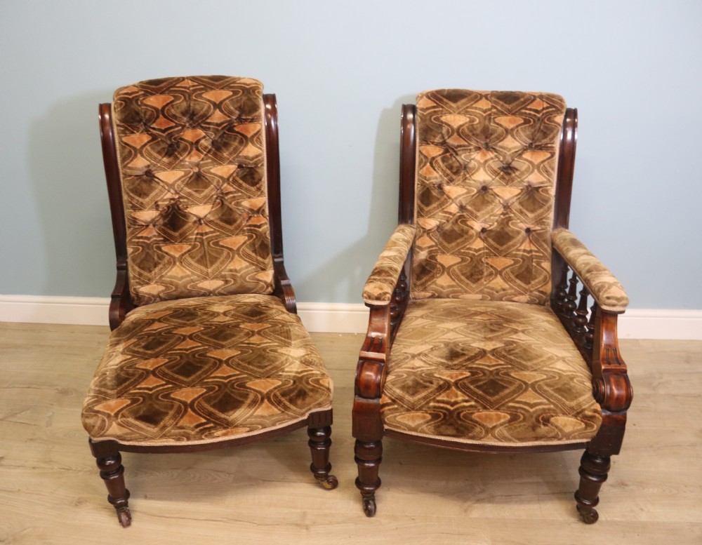 A bold pair late 19th century armchairs for a lady and gentleman View III