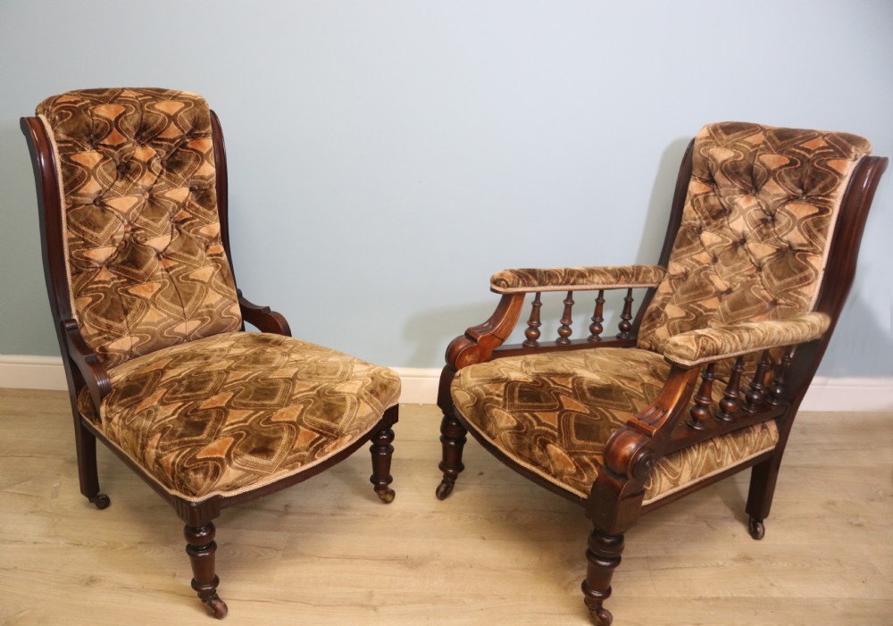 A bold pair late 19th century armchairs for a lady and gentleman