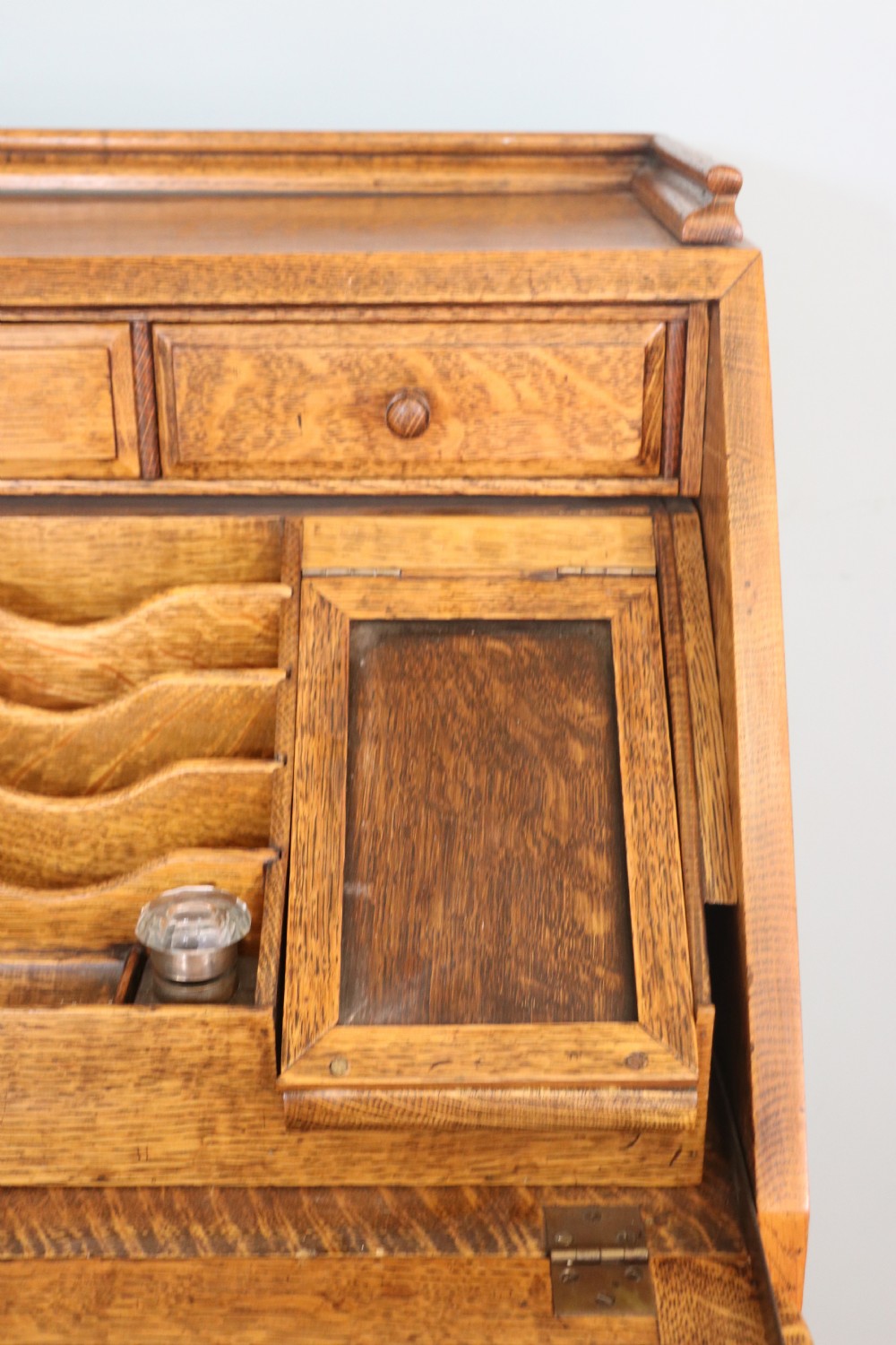 This fine Jacobean revival solid light oak bureau View XII