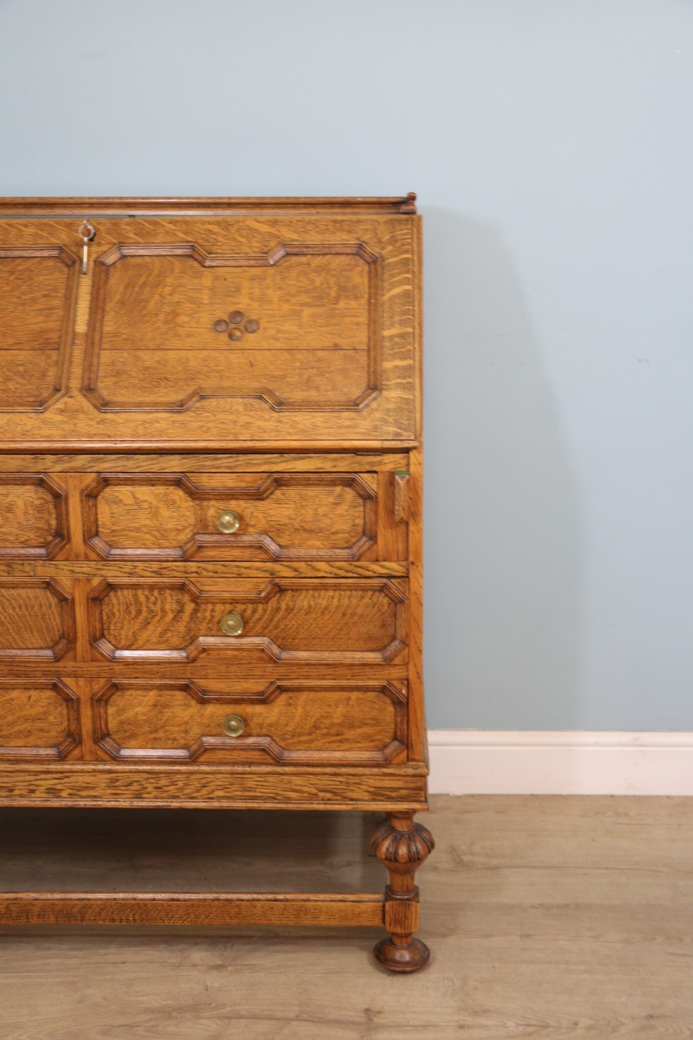 This fine Jacobean revival solid light oak bureau View XIV