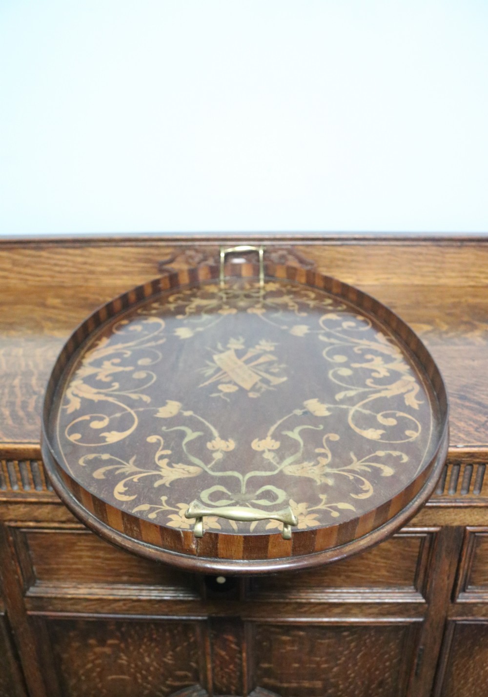 A lovely Edwardian mahogany and inlaid oval galleried tea tray View V