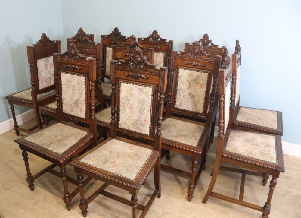 A lovely & rare set of twelve late 19th century gothic style dining chairs