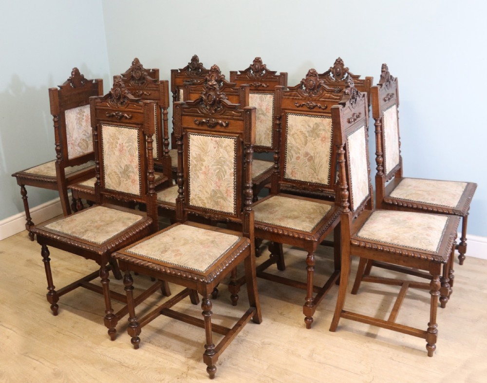 A lovely & rare set of twelve late 19th century gothic style dining chairs View III
