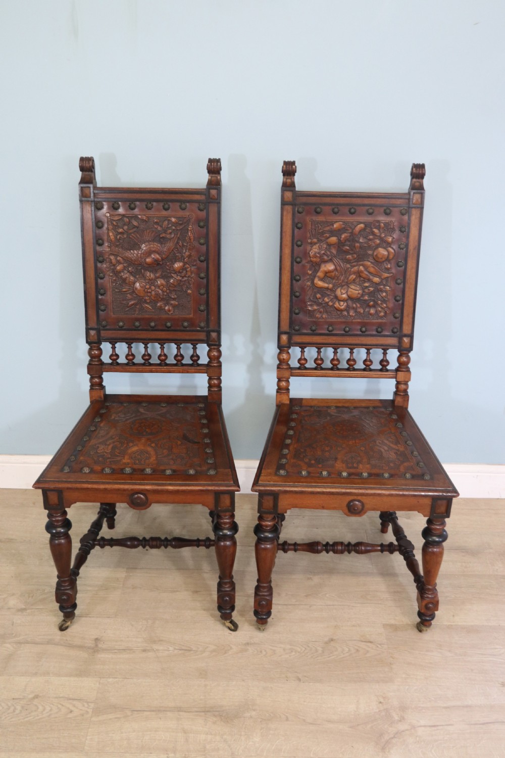 A lovely pair of Victorian oak framed dining or side chairs. 
