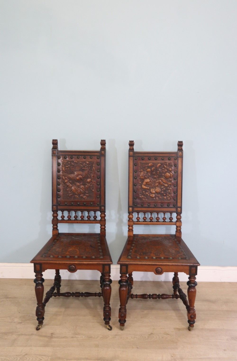 A lovely pair of Victorian oak framed dining or side chairs.  View III