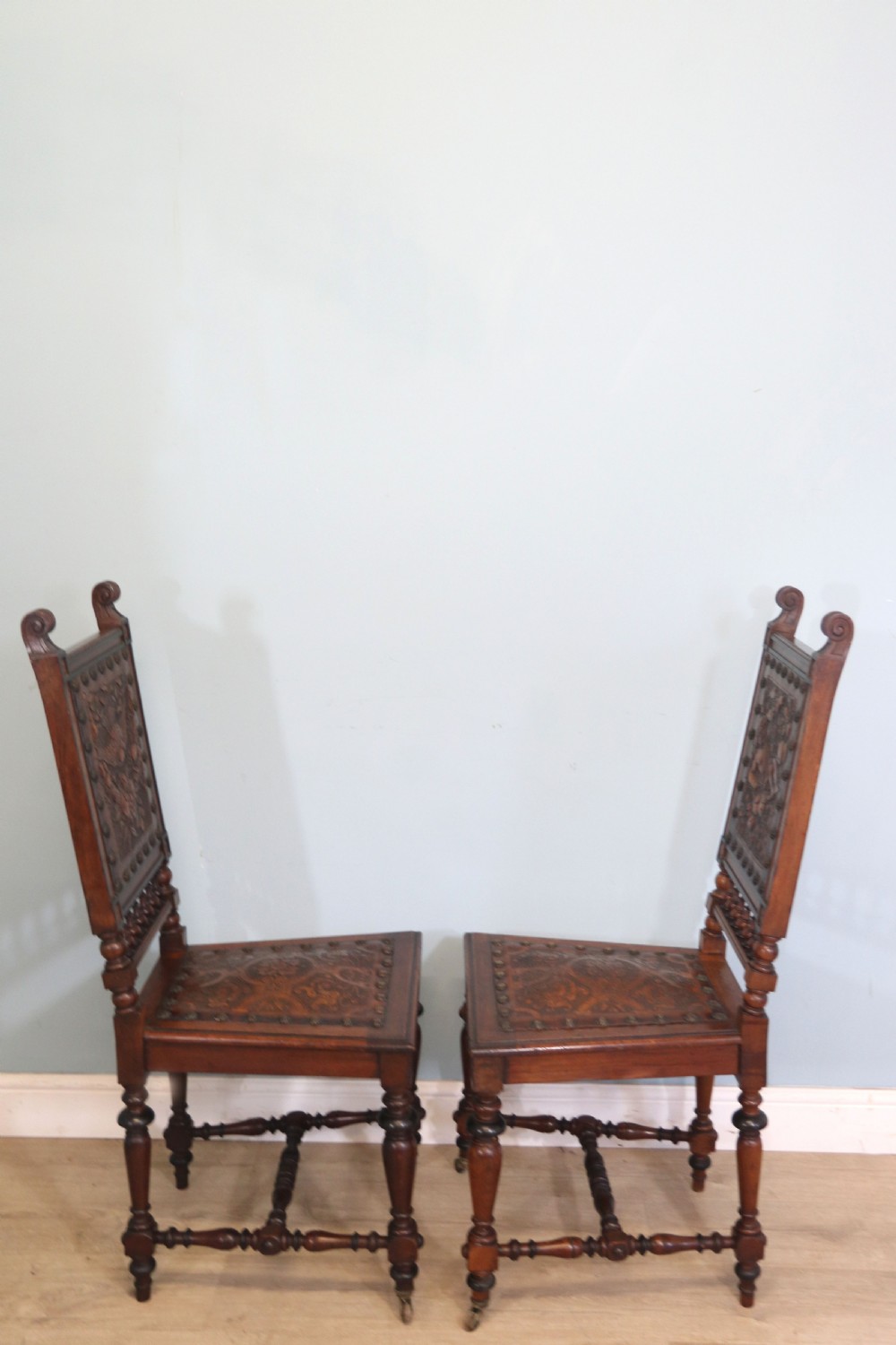 A lovely pair of Victorian oak framed dining or side chairs.  View V