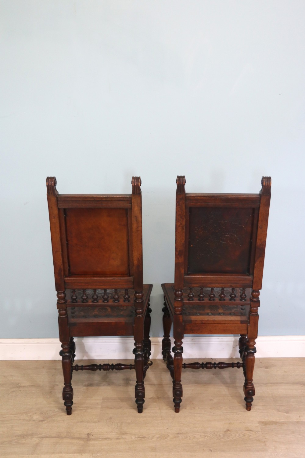 A lovely pair of Victorian oak framed dining or side chairs.  View VI