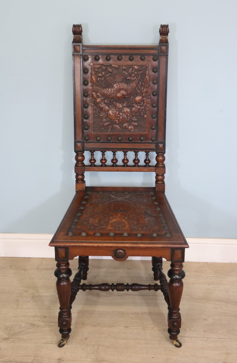 A lovely pair of Victorian oak framed dining or side chairs.  View VIII