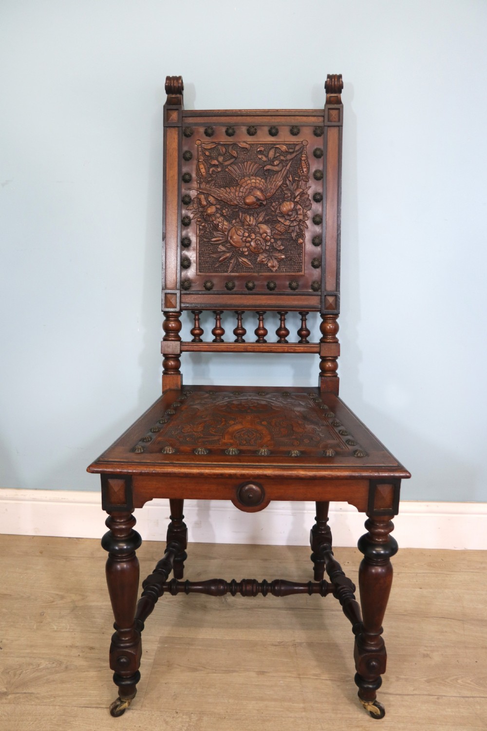 A lovely pair of Victorian oak framed dining or side chairs.  View X