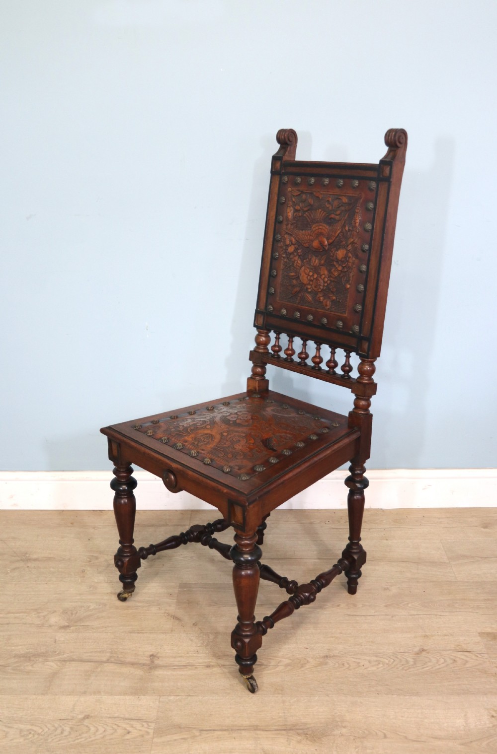 A lovely pair of Victorian oak framed dining or side chairs.  View XI