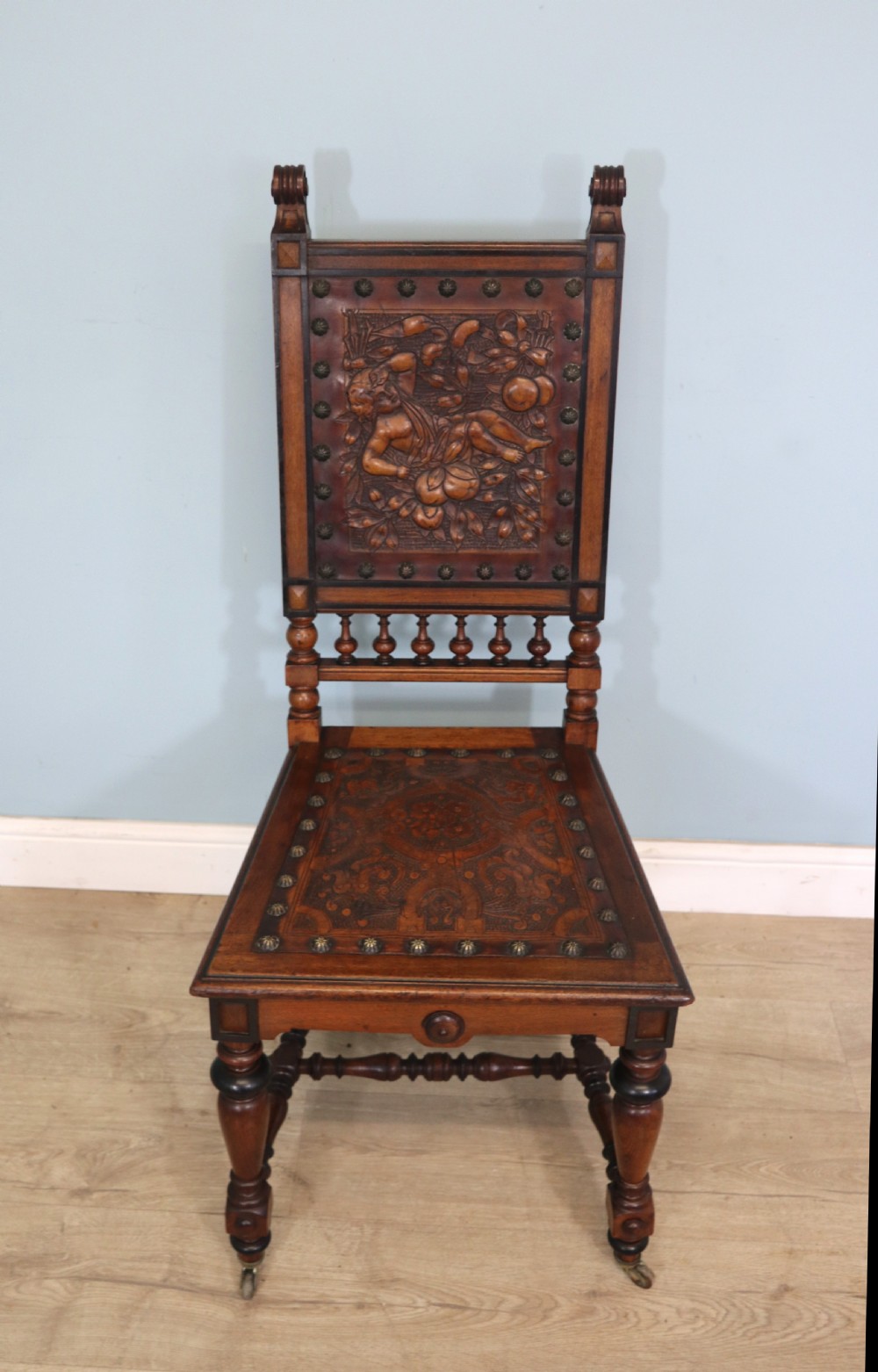 A lovely pair of Victorian oak framed dining or side chairs.  View XII