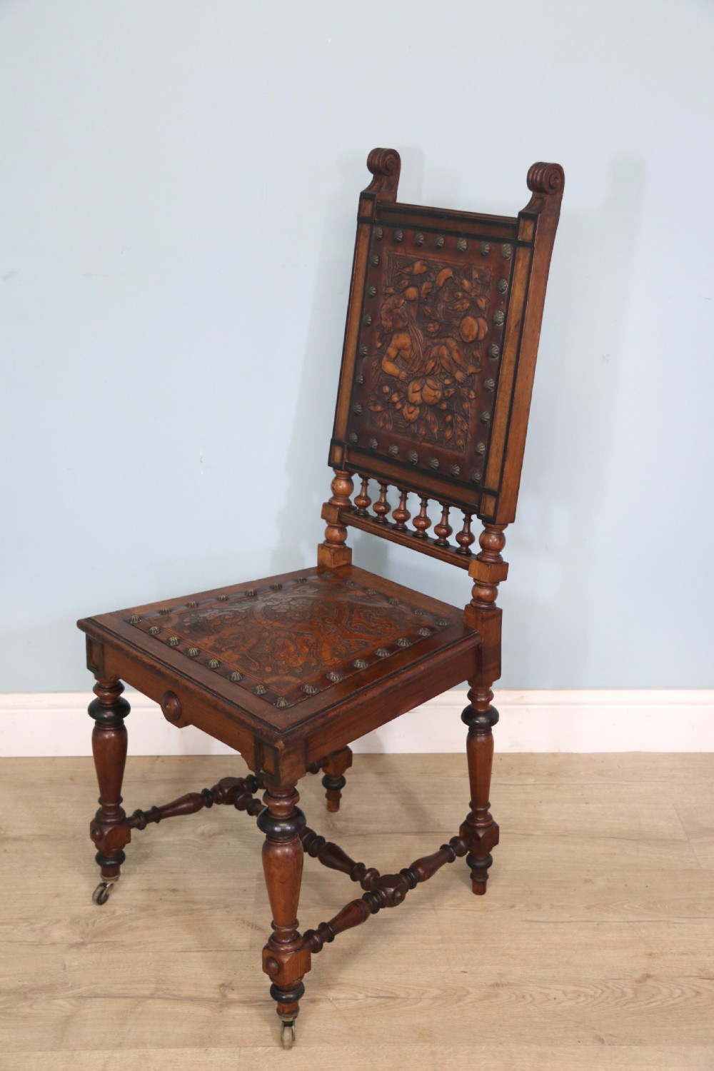 A lovely pair of Victorian oak framed dining or side chairs.  View XV