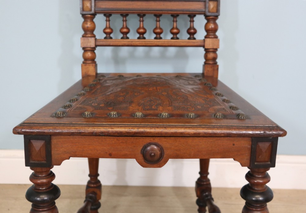 A lovely pair of Victorian oak framed dining or side chairs.  View XVI