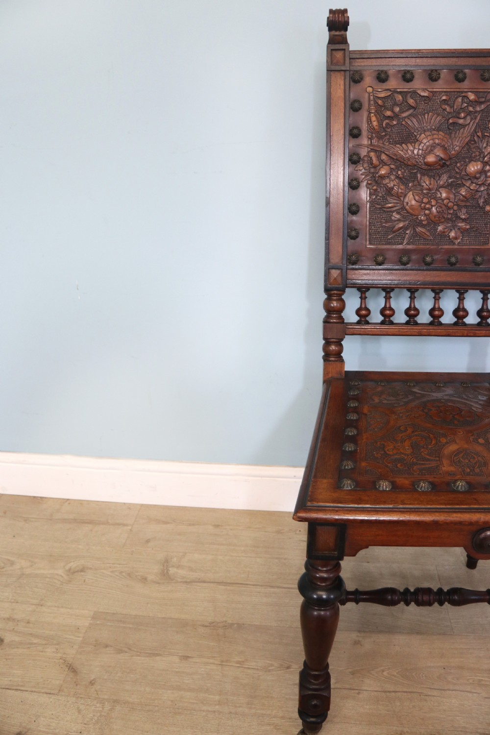 A lovely pair of Victorian oak framed dining or side chairs.  View XIX