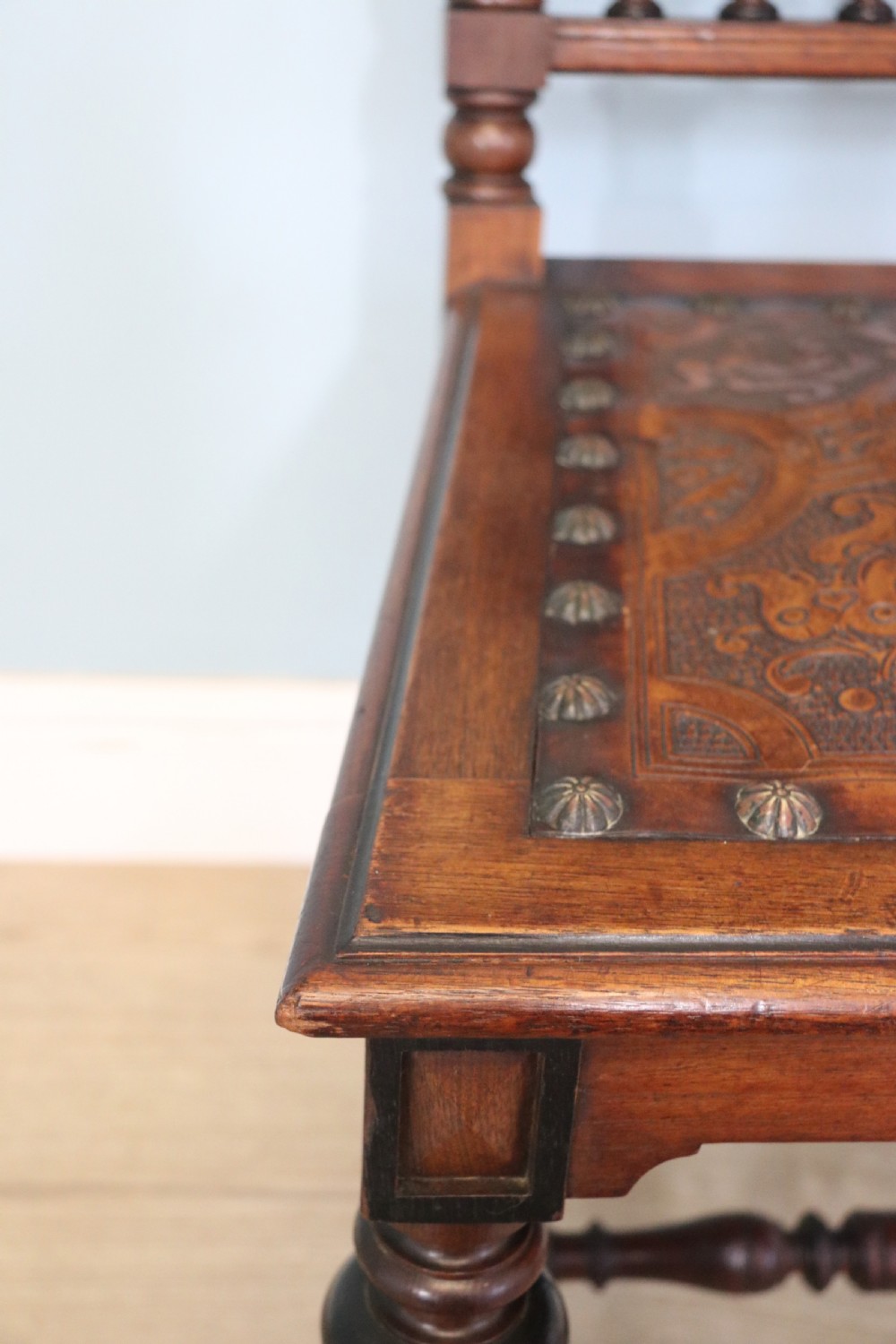 A lovely pair of Victorian oak framed dining or side chairs.  View XXII