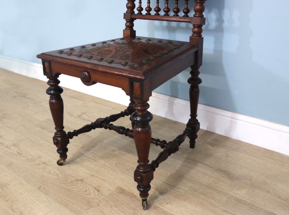 A lovely pair of Victorian oak framed dining or side chairs.  View XXIII