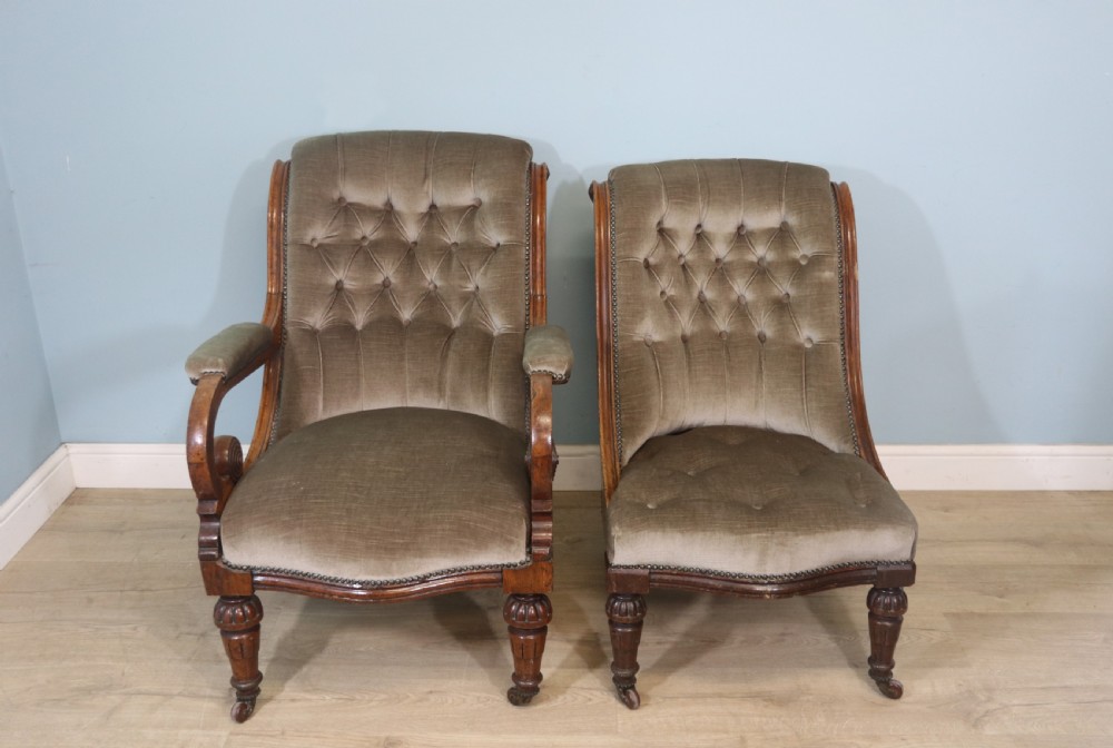A six-piece late 19th-century chair suite featuring two button-back upholstered armchairs and four matching side chairs upholstered in taupe velvet with turned wooden front legs on castors. View IV