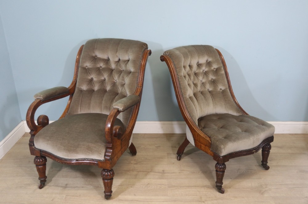 A six-piece late 19th-century chair suite featuring two button-back upholstered armchairs and four matching side chairs upholstered in taupe velvet with turned wooden front legs on castors. View VI
