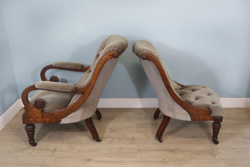 A six-piece late 19th-century chair suite featuring two button-back upholstered armchairs and four matching side chairs upholstered in taupe velvet with turned wooden front legs on castors. View VII