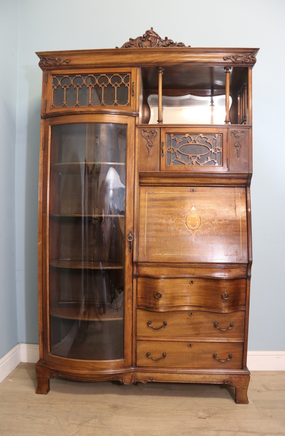 Edwardian combination bureau display bookcase