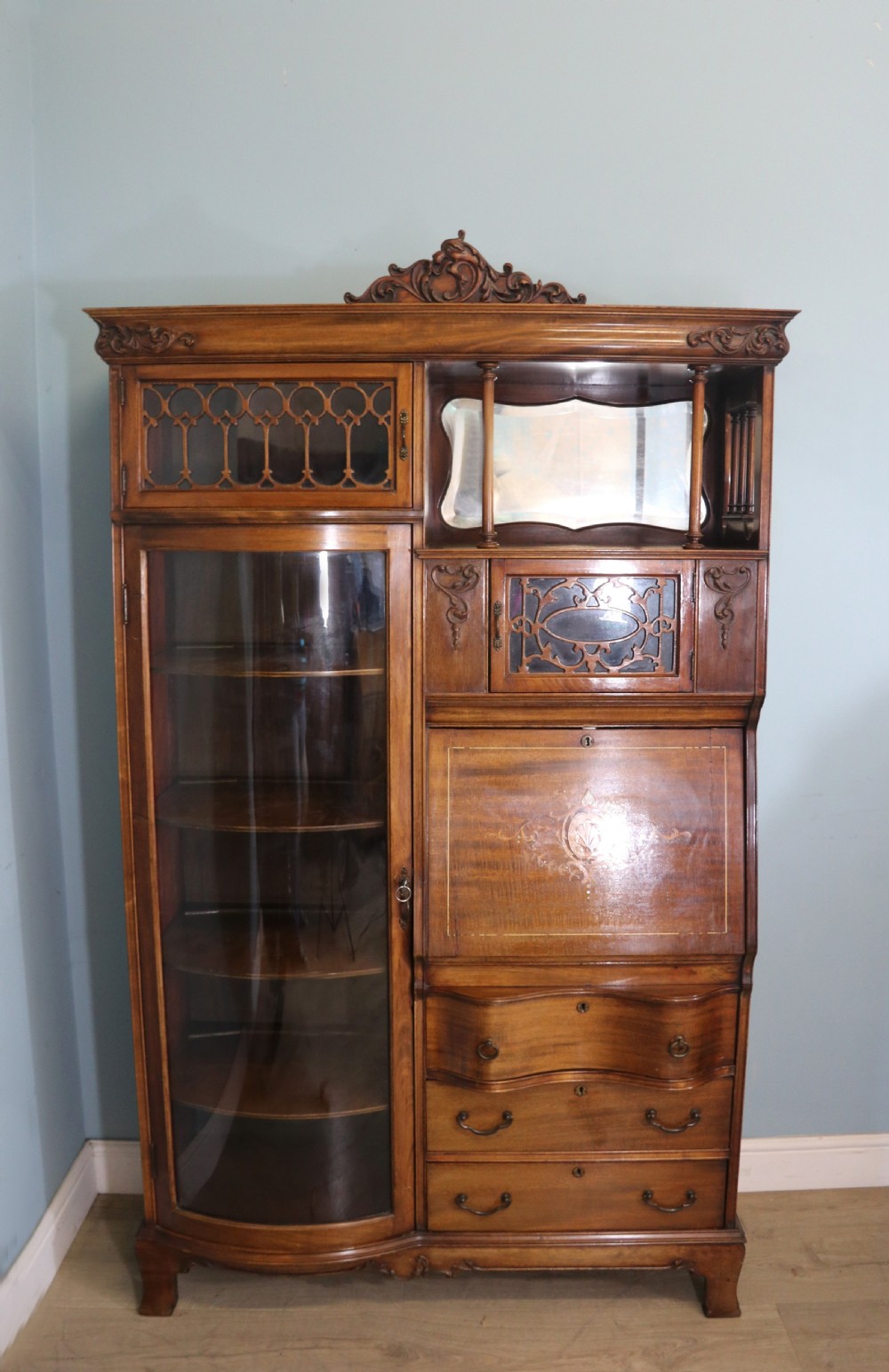 Edwardian combination bureau display bookcase View II