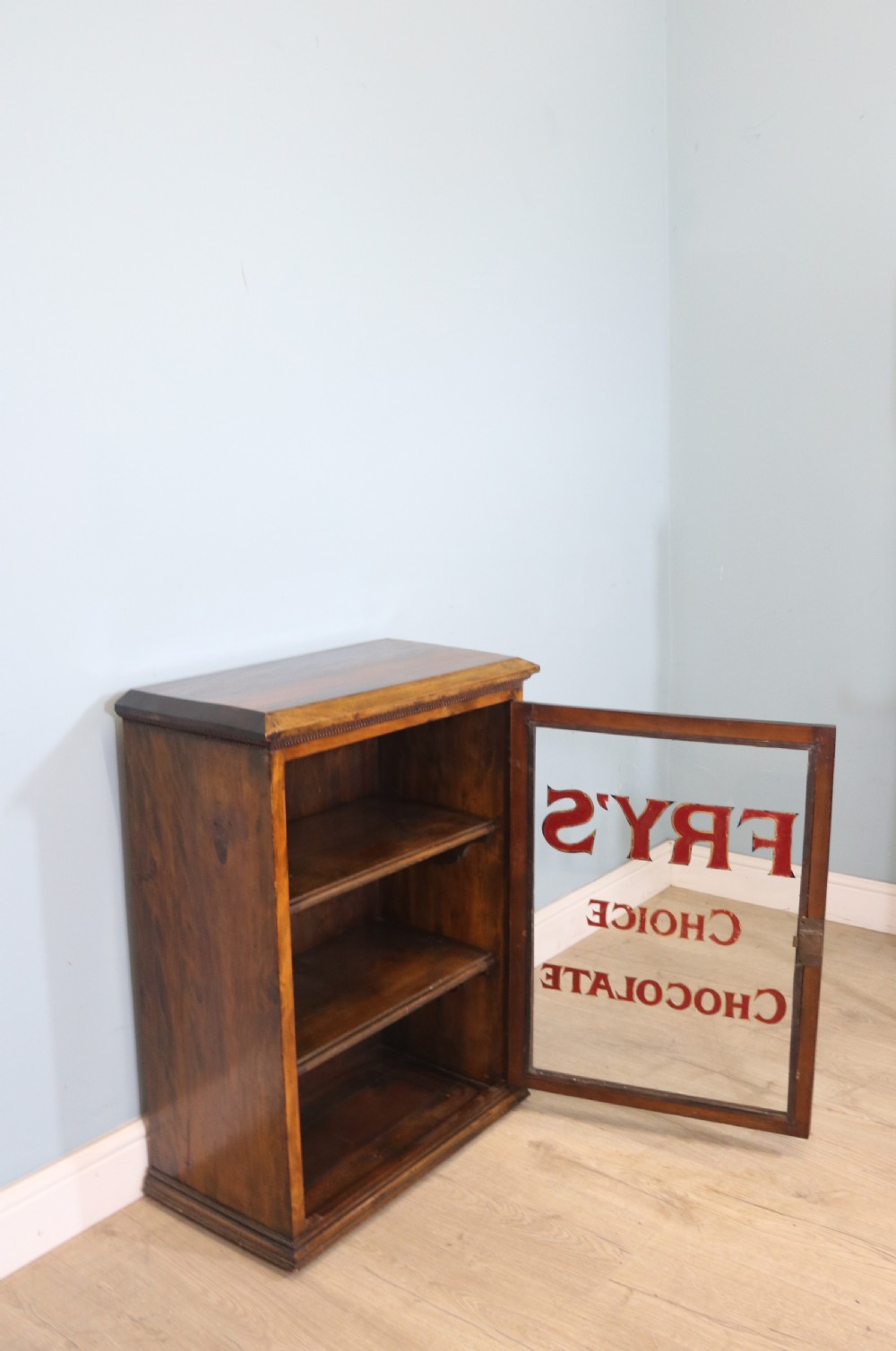 Edwardian hardwood single door display cabinet with 24ct Gold Leaf for Fry’s Choice Chocolate. View VIII