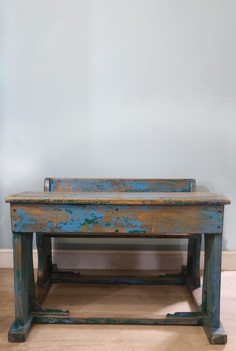Back to school! A superb vintage pine school desk and attached bench.  View II