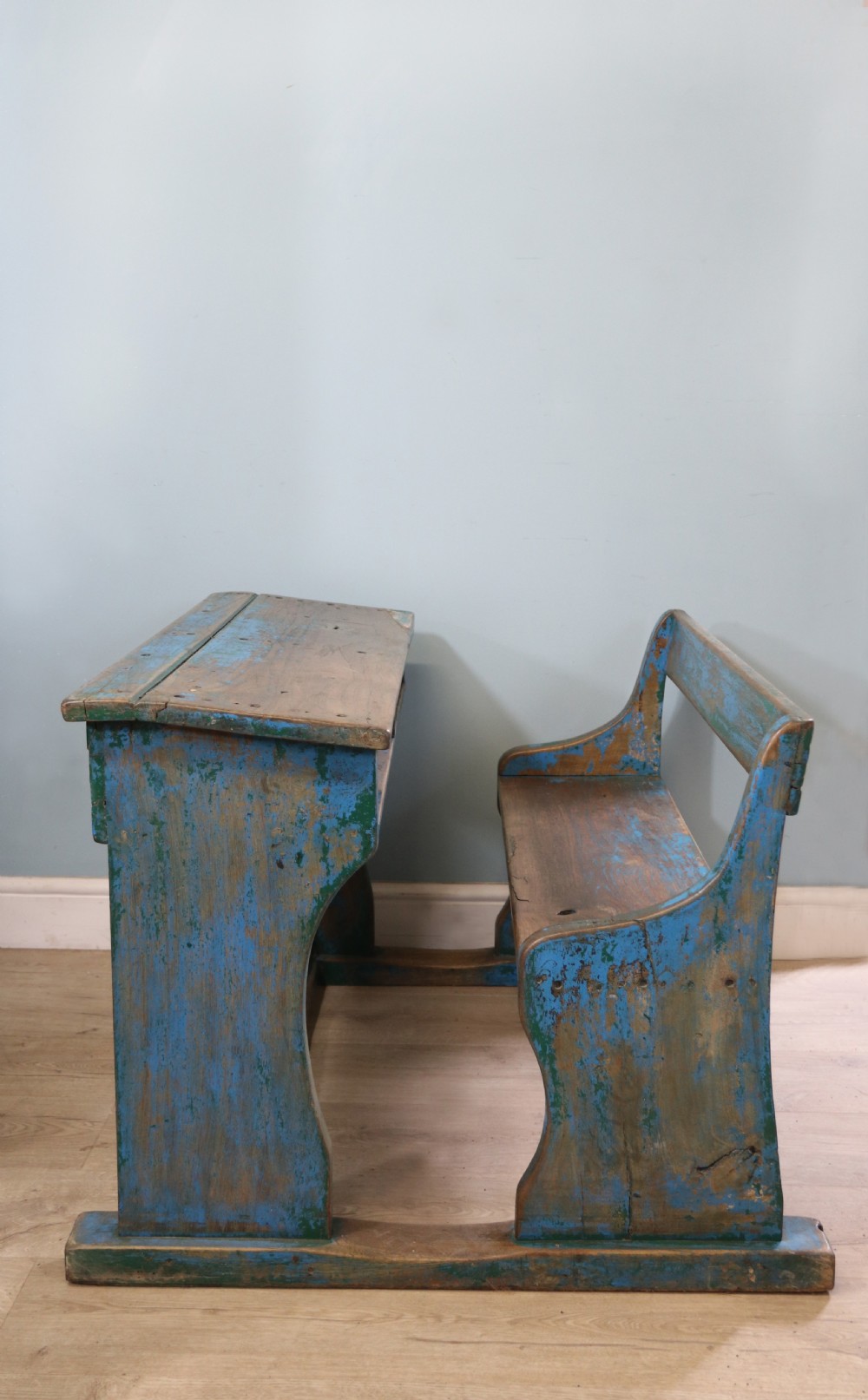 Back to school! A superb vintage pine school desk and attached bench.  View IV