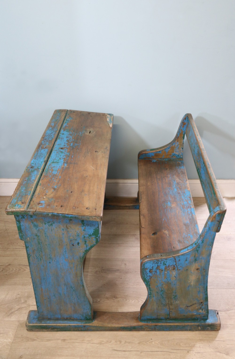 Back to school! A superb vintage pine school desk and attached bench.  View V