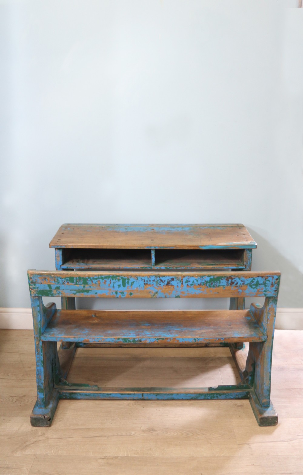 Back to school! A superb vintage pine school desk and attached bench.  View VI