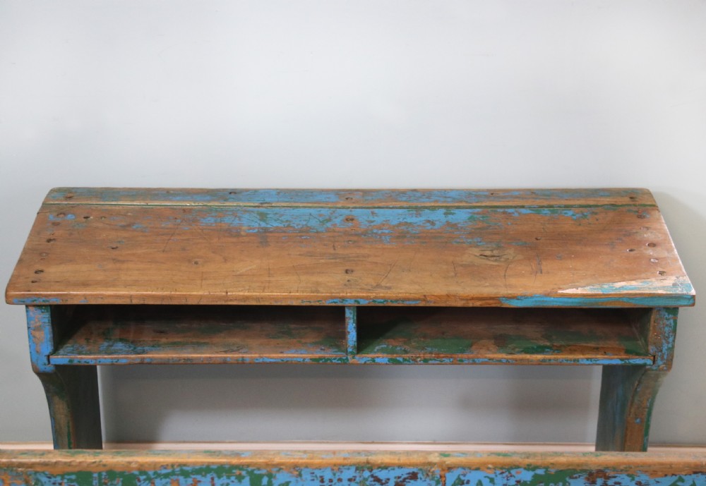 Back to school! A superb vintage pine school desk and attached bench.  View IX