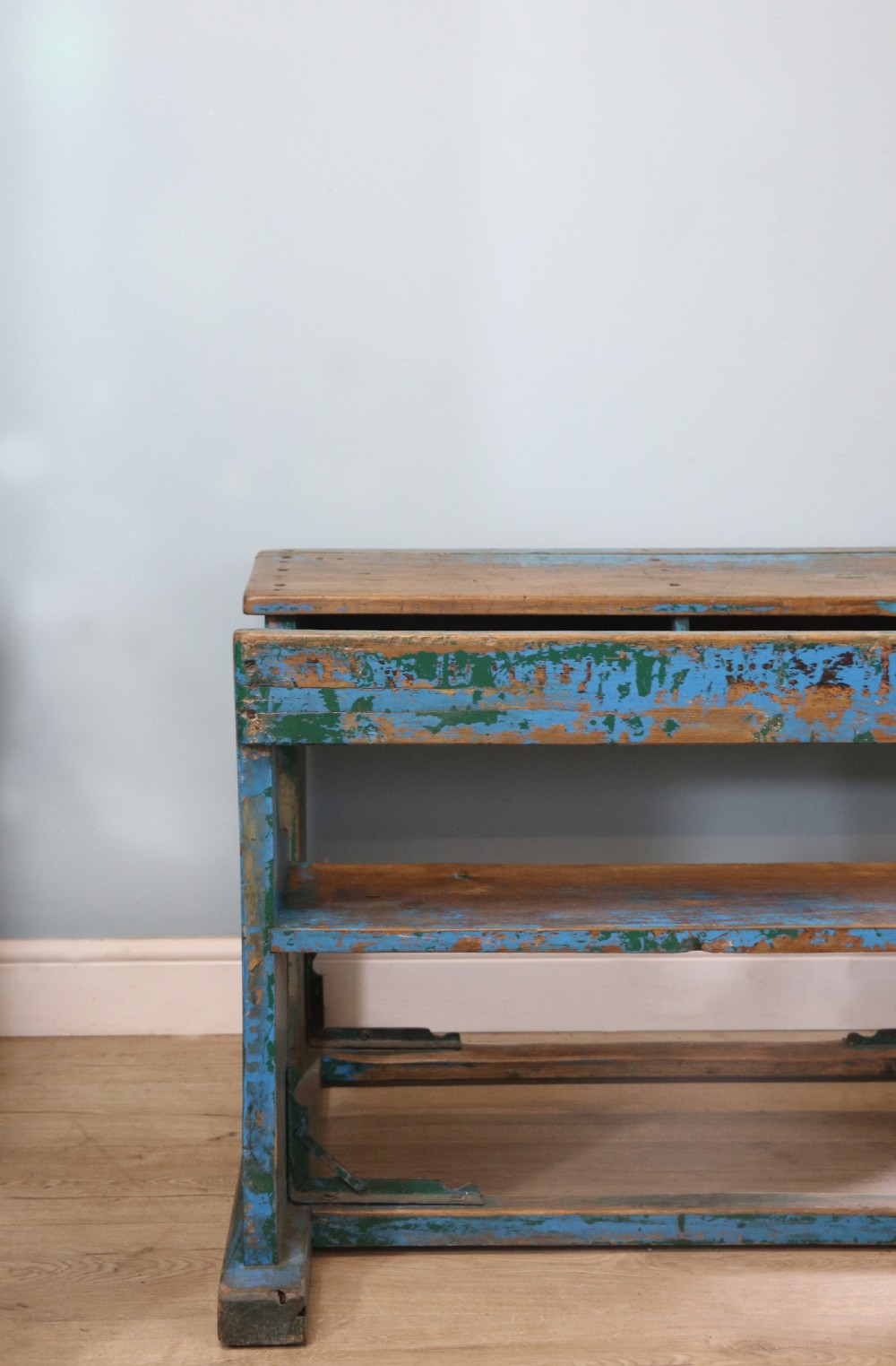 Back to school! A superb vintage pine school desk and attached bench.  View XI