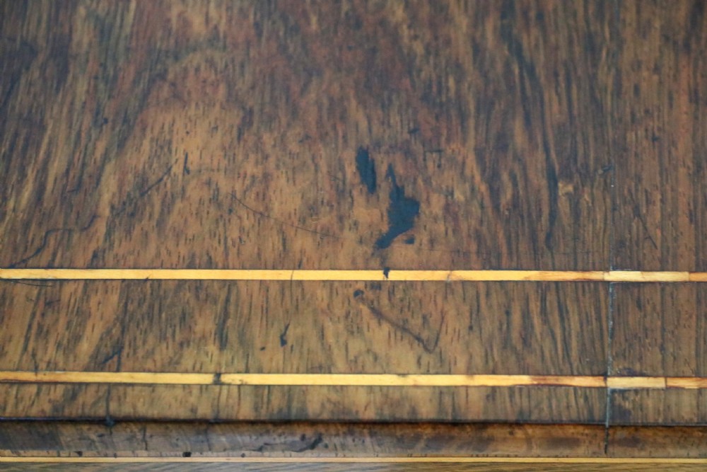 An early 19th-century Regency drop-leaf sofa table made of polished dark wood with two drawers, brass mounts, turned stretcher, and splayed legs with brass paw castors. View XIII
