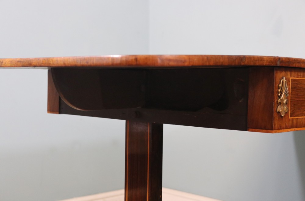 An early 19th-century Regency drop-leaf sofa table made of polished dark wood with two drawers, brass mounts, turned stretcher, and splayed legs with brass paw castors. View XVI