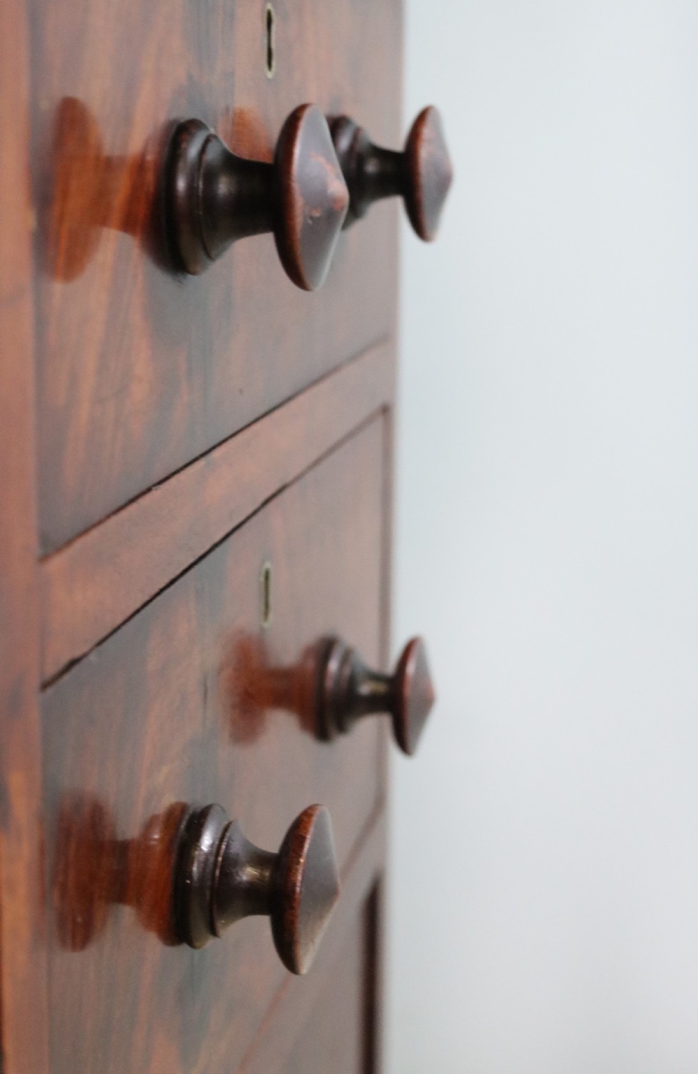 Lovely flame mahogany veneered twin pedestal desk has a tooled leather writing surface  View X
