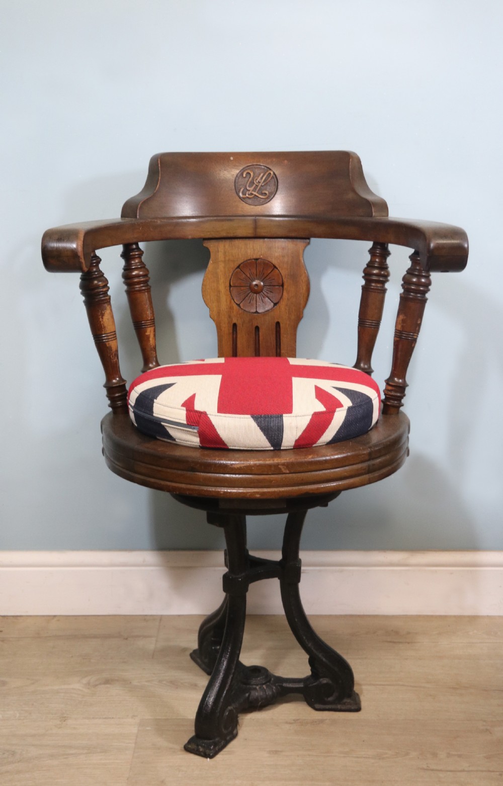 A wonderful late Victorian walnut framed and cast iron based revolving office chair View III