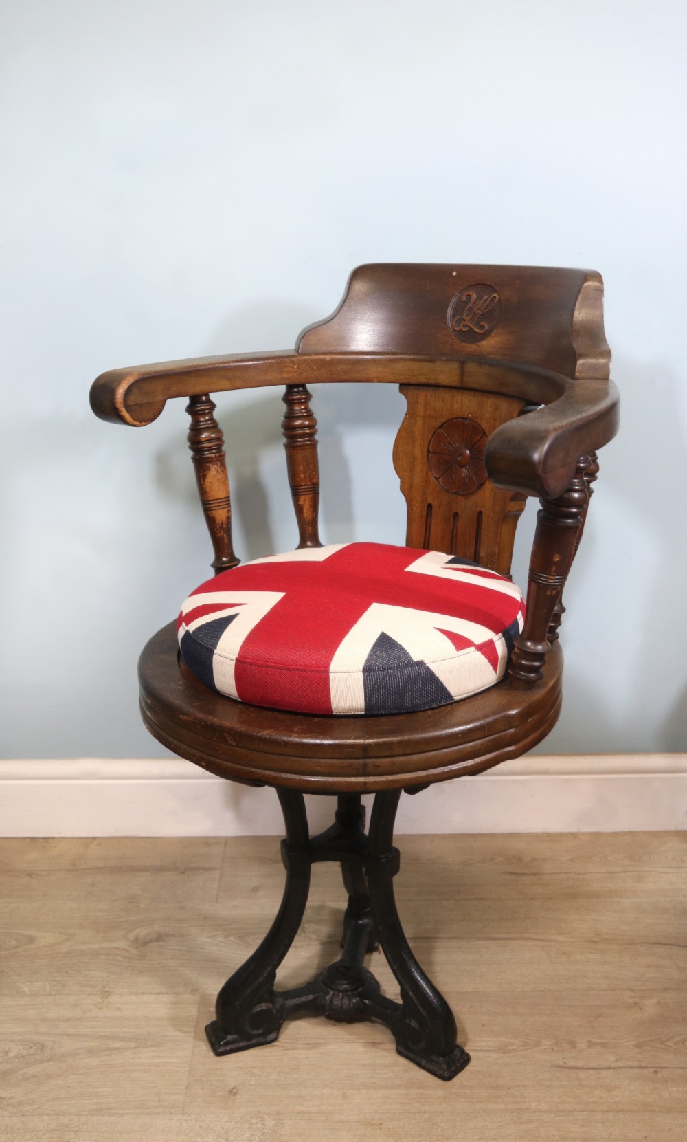 A wonderful late Victorian walnut framed and cast iron based revolving office chair View IV