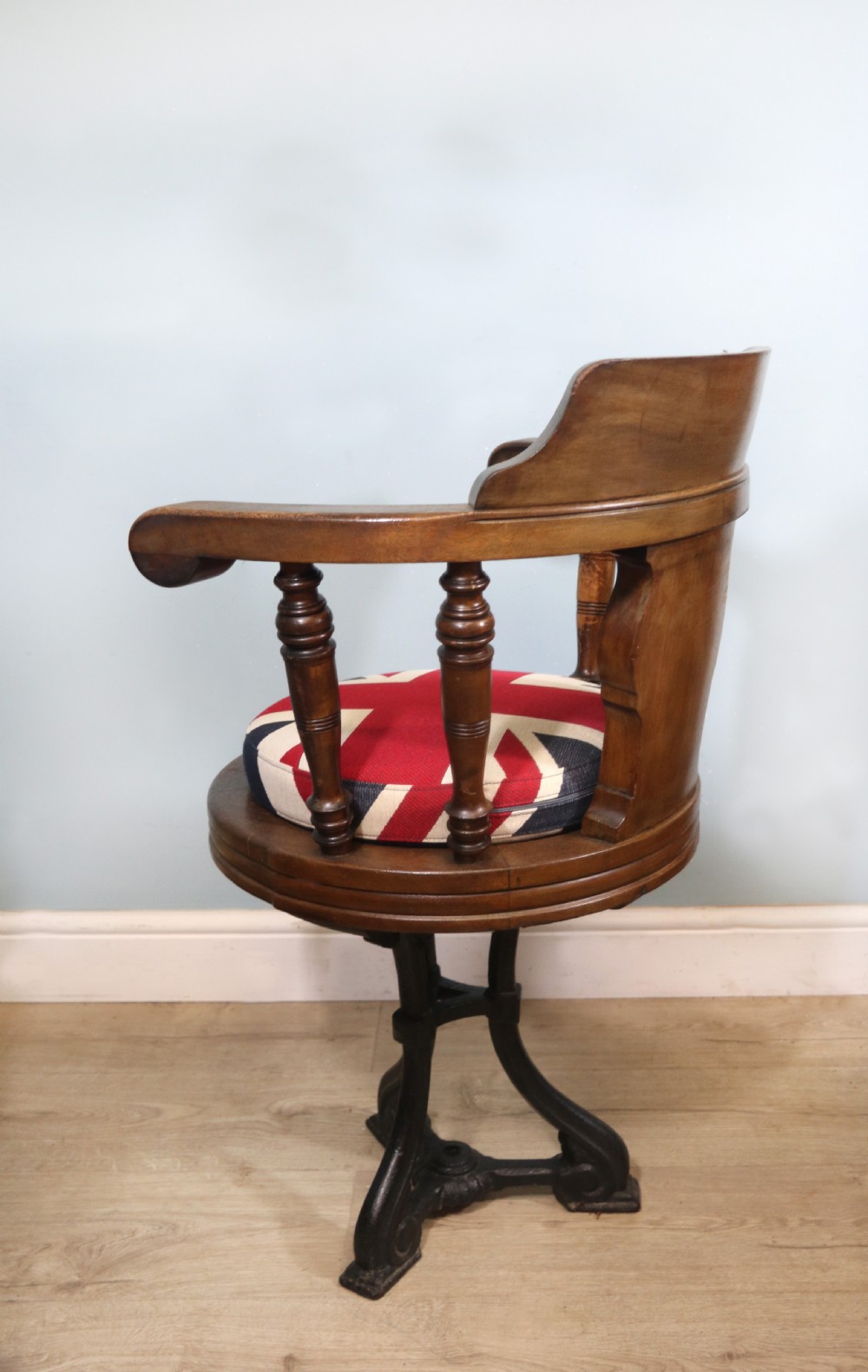 A wonderful late Victorian walnut framed and cast iron based revolving office chair View VI