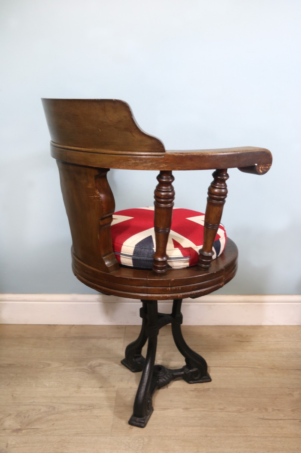 A wonderful late Victorian walnut framed and cast iron based revolving office chair View VIII