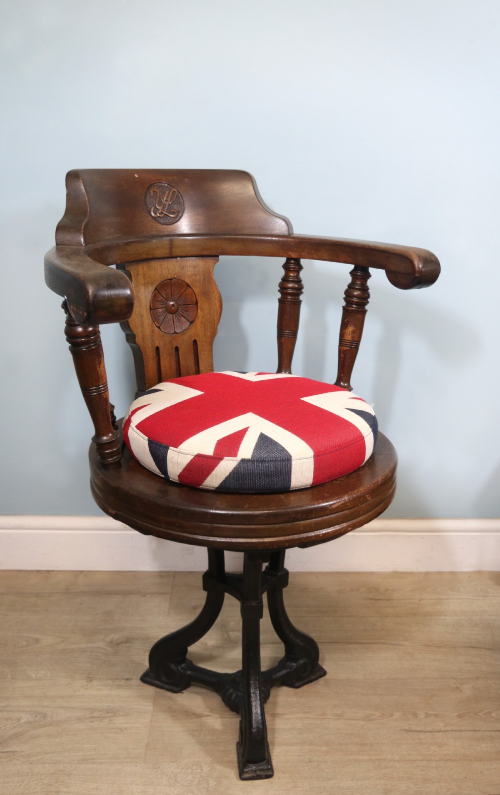 A wonderful late Victorian walnut framed and cast iron based revolving office chair View IX