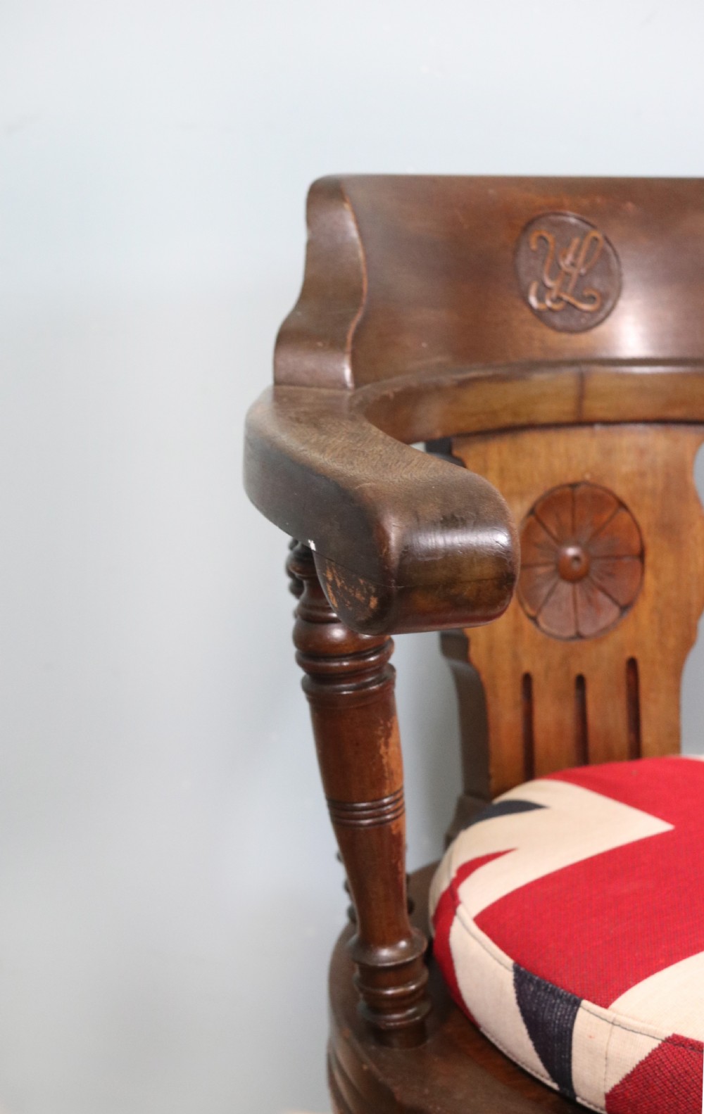 A wonderful late Victorian walnut framed and cast iron based revolving office chair View XIII
