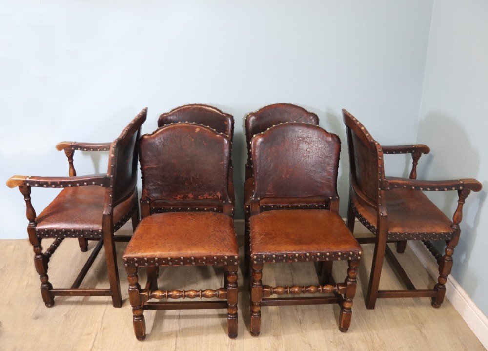 A lovely set of six early 20th Cromwellian style industrial looking dining chairs. View II