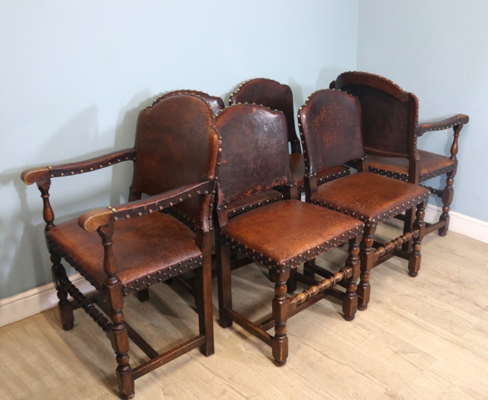A lovely set of six early 20th Cromwellian style industrial looking dining chairs. View III