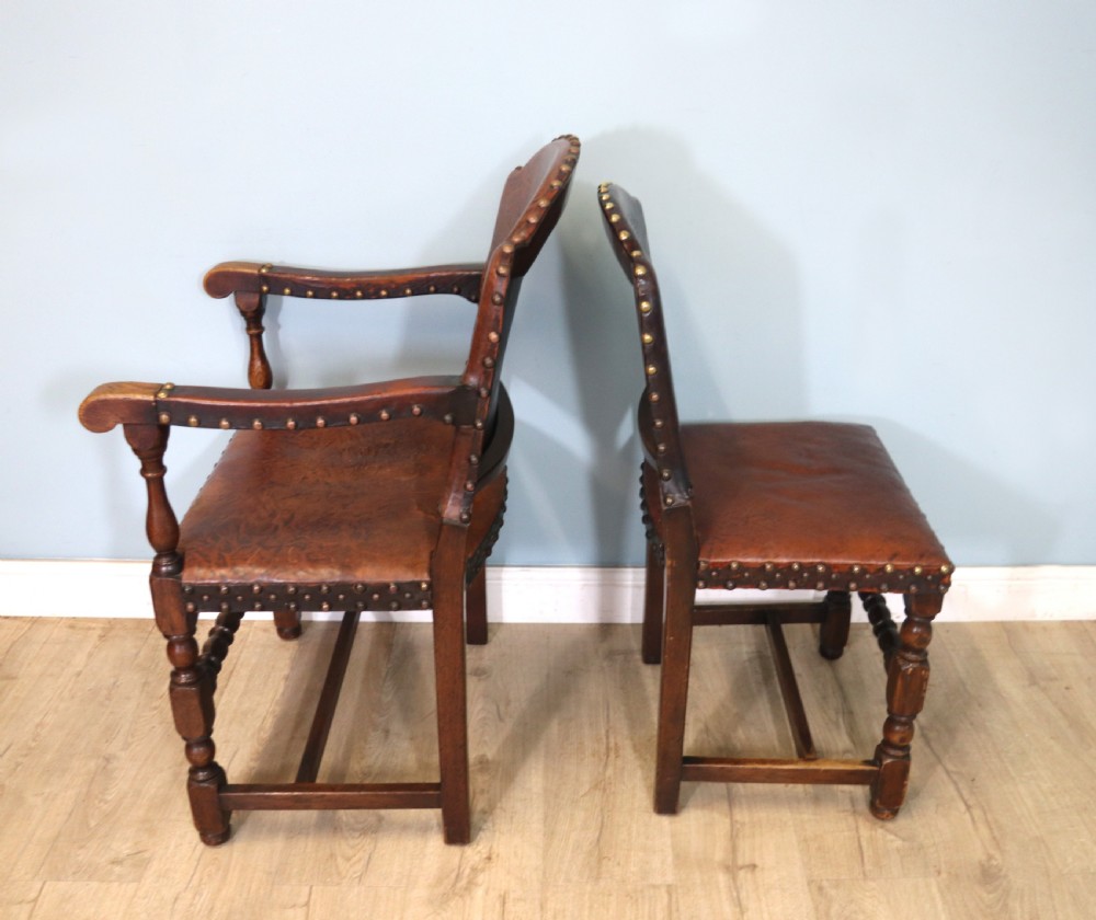 A lovely set of six early 20th Cromwellian style industrial looking dining chairs. View V