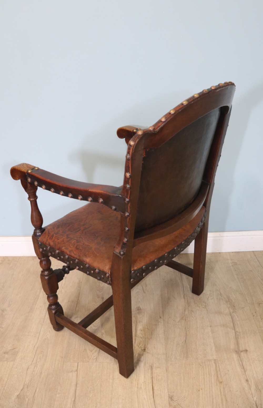 A lovely set of six early 20th Cromwellian style industrial looking dining chairs. View X