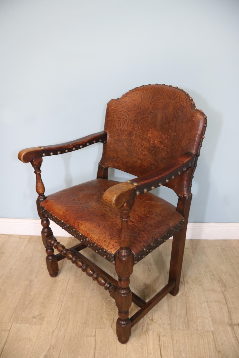 A lovely set of six early 20th Cromwellian style industrial looking dining chairs. View XI